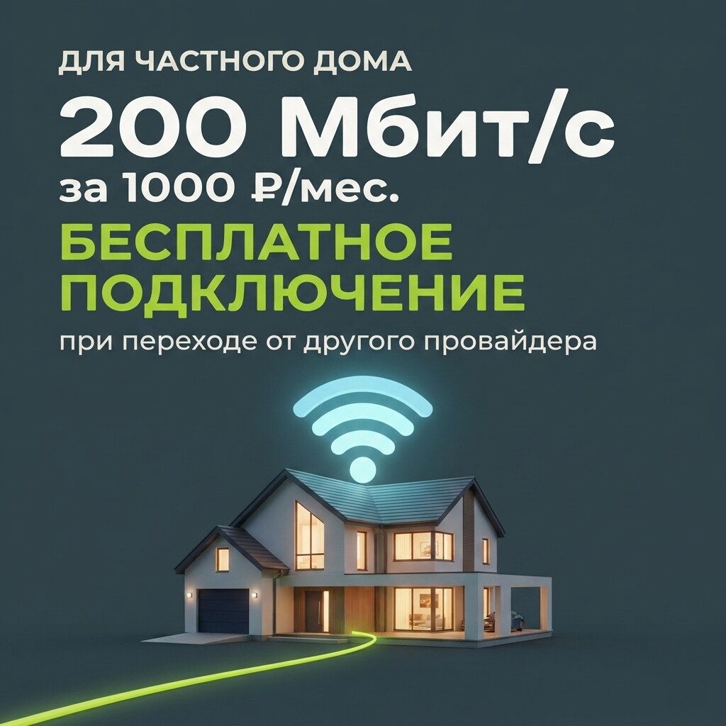 200 Мбит/с за 1000 рублей для частного дома, бесплатное подключение