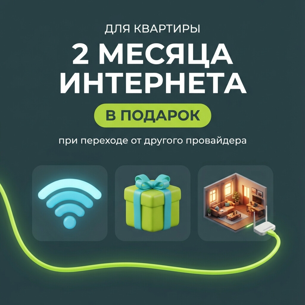 Два месяца интернета в подарок при переходе от другого провайдера, для квартиры